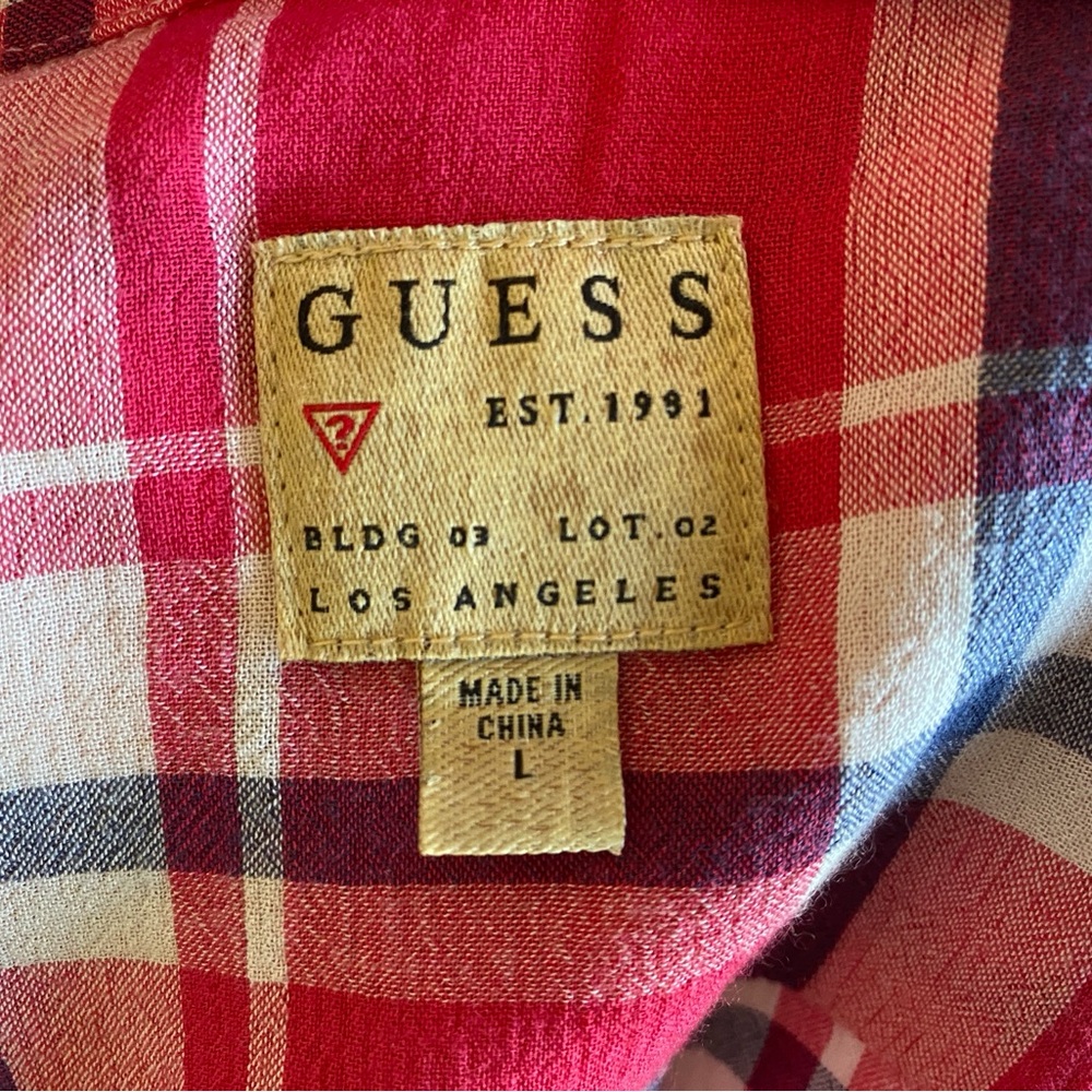 Guess Red Plaid Button-Up Shirt with Black Beaded Detail - Picture 6 of 8